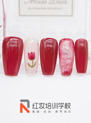 海口紅妝美甲培訓學(xué)校考核原創作(zuò)品·經典酒紅玫瑰美甲